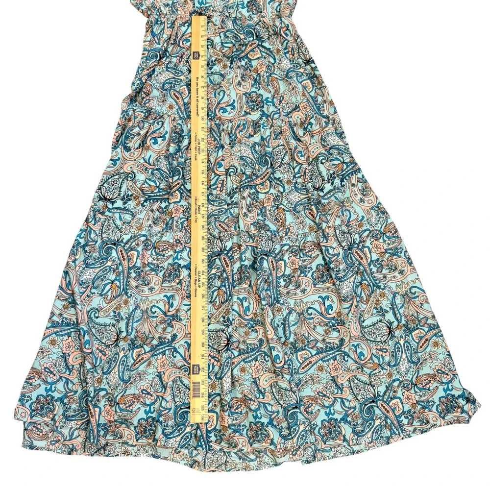 Paisley Tiered Peasant Maxi Dress Turquoise‎ Peach Ruffle V-Neck Whimsigoth Boho